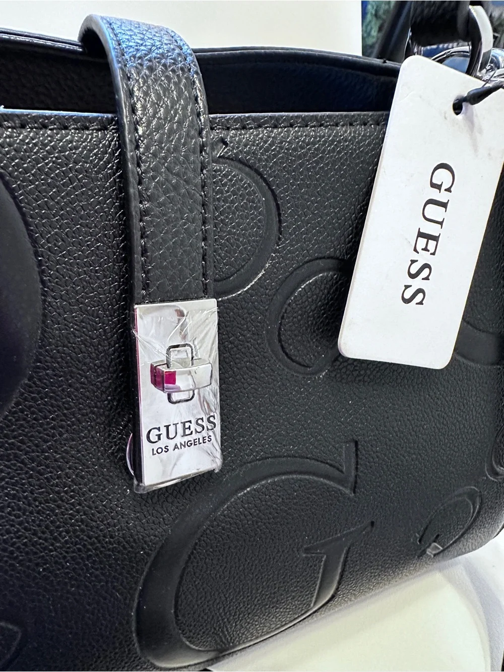 GUESS Black Embossed G Logo Satchel with Silver Hardware